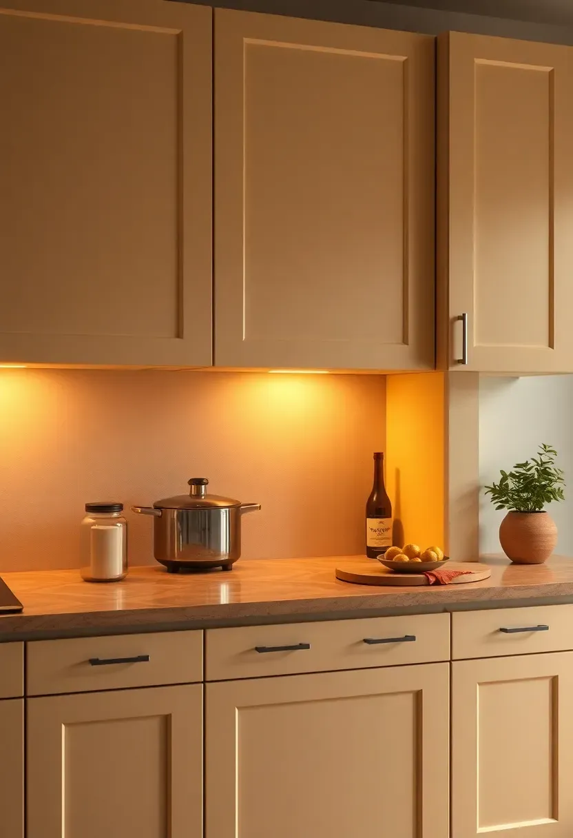 Kitchen with warm white cabinetry in a creamy off-white tone, natural stone countertop, and warm-toned LED under-cabinet lighting in soft evening ambiance