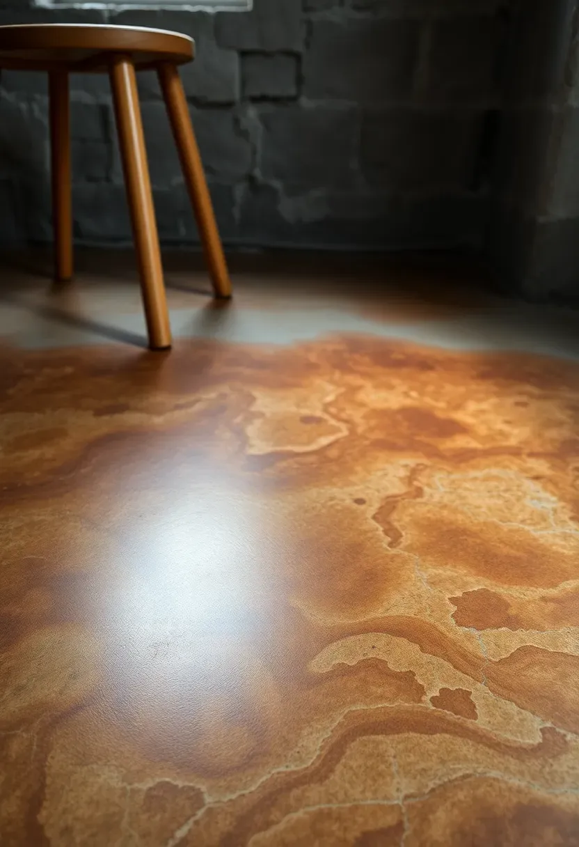Acid-stained basement concrete floor showing rich amber and brown variegated tones with a leather-like natural pattern