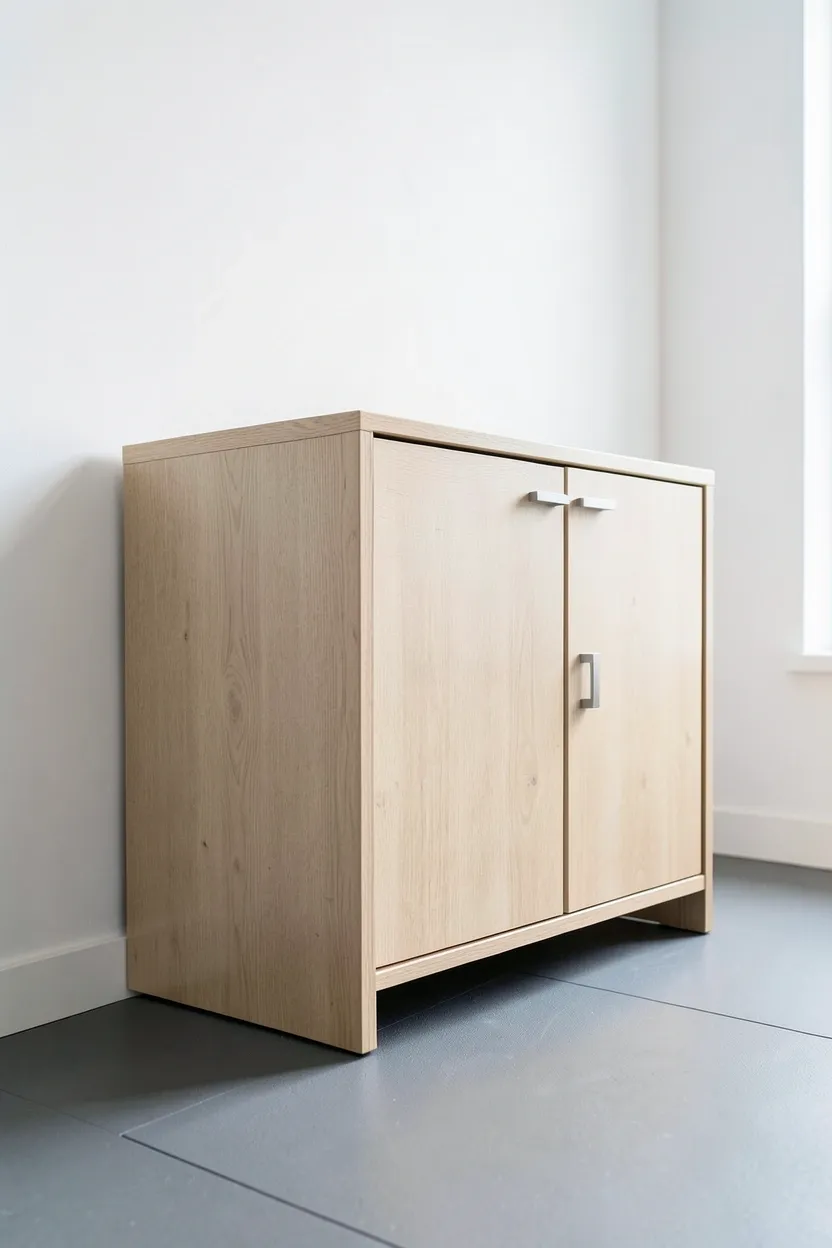 Open Murphy-style gym cabinet revealing fold-down bench, dumbbell shelving, and resistance band hooks — hidden small gym room behind cabinet doors
