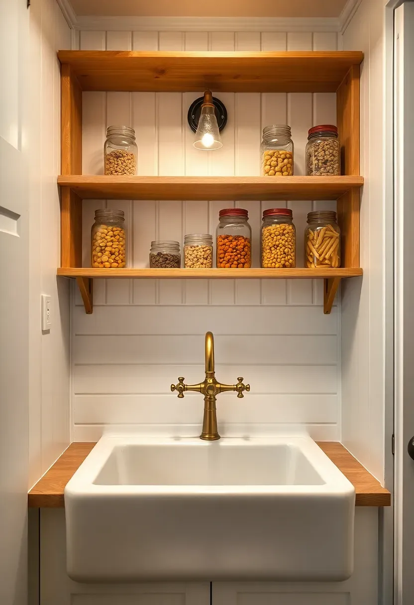 Farmhouse-style basement kitchenette with beadboard backsplash, apron-front sink, open wood shelving with mason jars, and vintage brass faucet