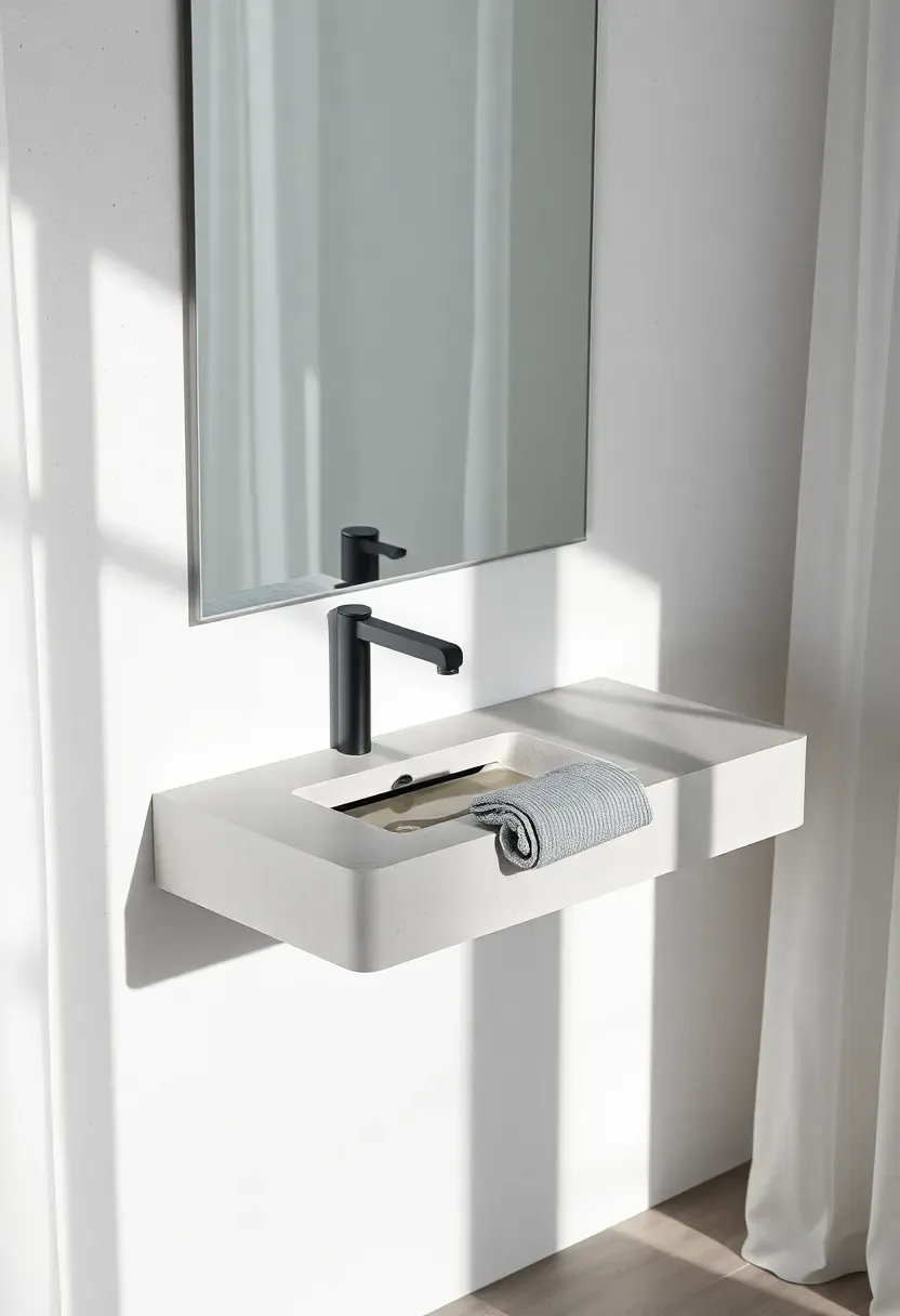 Sleek floating concrete shelf sink mounted on a white wall with minimal hardware