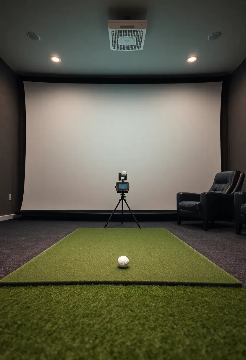 Indoor golf simulator room with large projection screen, artificial turf hitting mat, launch monitor, comfortable seating along the side wall, and soft overhead lighting