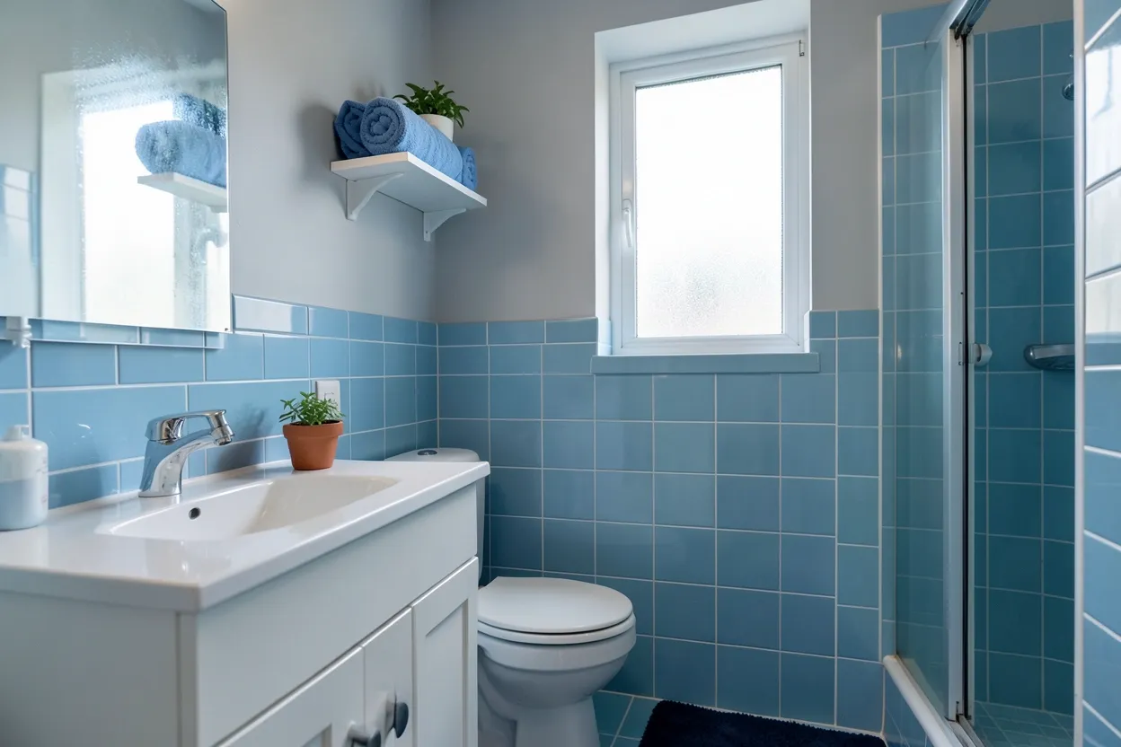 Collage of green bathroom ideas on a budget showing sage walls, mint shower curtain, hanging plants, and bamboo vanity in a calm rental bathroom