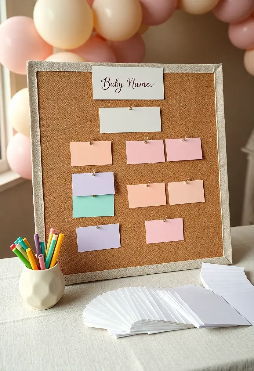 baby name suggestion board at a shower with a large letter board and pastel colored name cards pinned to a fabric covered cork board beside a cup of markers