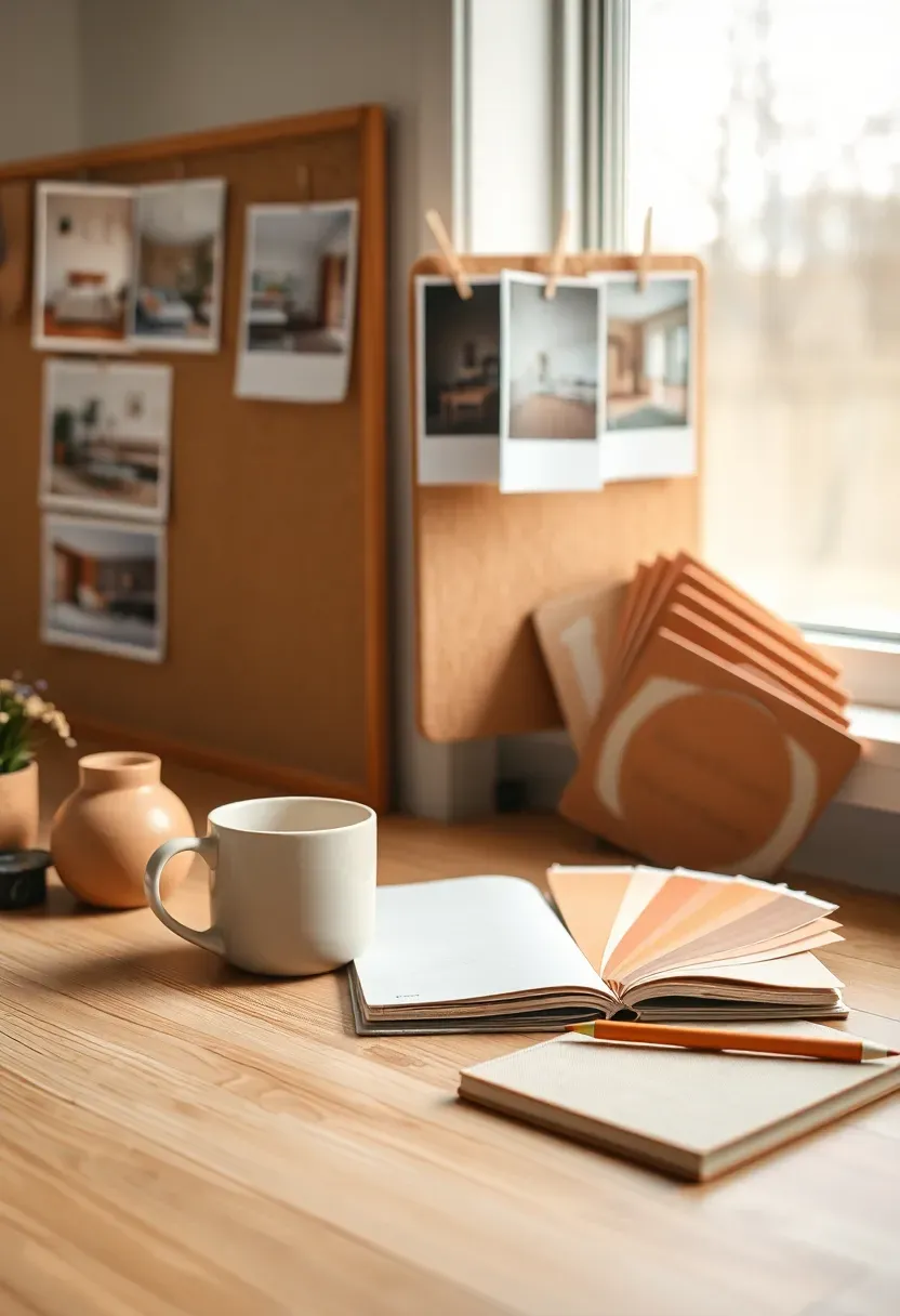 Desk with a mood board in progress showing room photos pinned to corkboard and paint color swatches