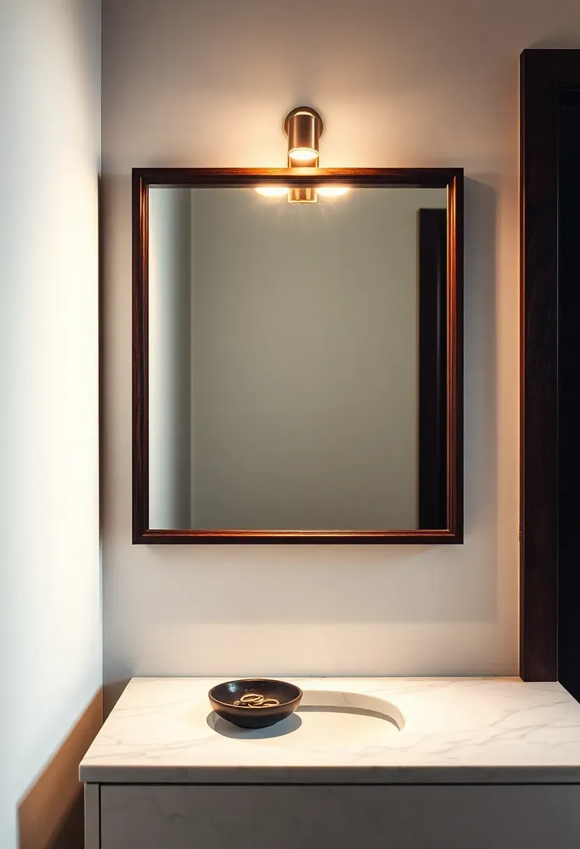 Slim brass picture light mounted above a framed bathroom mirror casting a focused downward glow on the vanity area