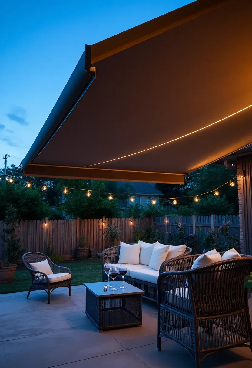 Motorized retractable awning with integrated LED light strip extended over a backyard patio at twilight with ambient string lighting