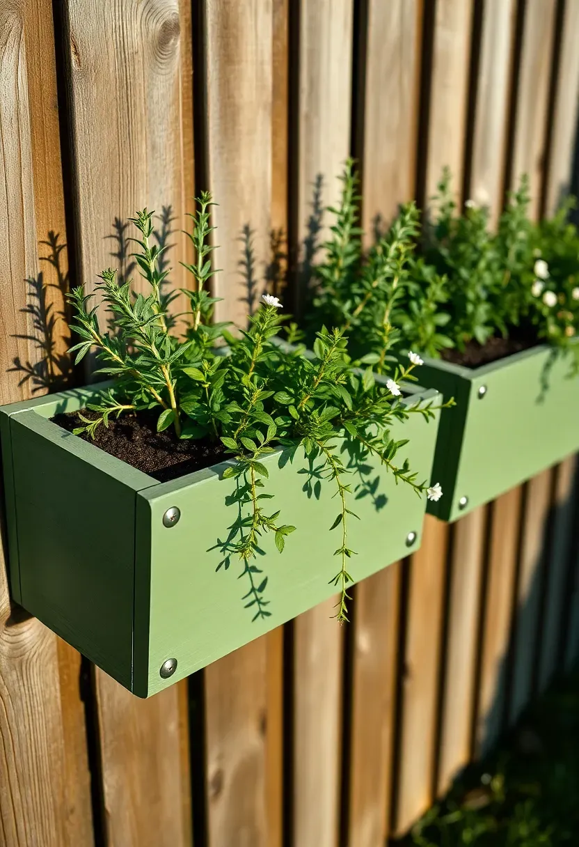 Row of painted cedar planter boxes mounted on a backyard fence with trailing herbs and flowers
