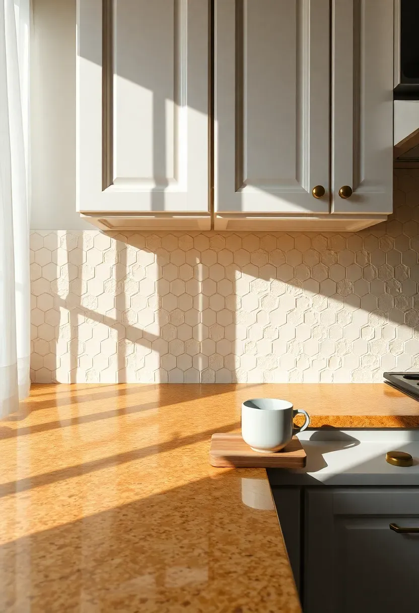 cream zellige tile backsplash with handmade irregular glaze catching light in a white kitchen with warm granite countertops