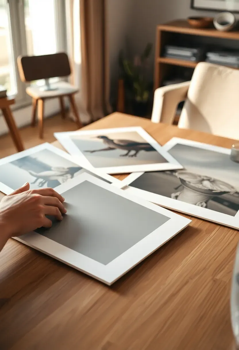 Five art prints laid flat on a light oak dining table — varying sizes overlapping slightly, abstract botanical and landscape subjects, viewed from above in warm afternoon light