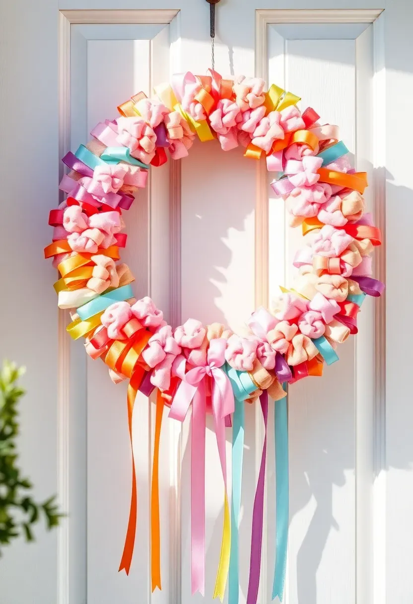 rainbow ribbon Easter wreath made by kids with colorful satin ribbons tied to a wire frame