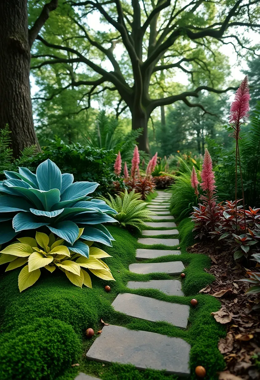A shaded garden under mature oak trees with hostas, ferns, astilbe, and a moss-lined stone path in dappled light