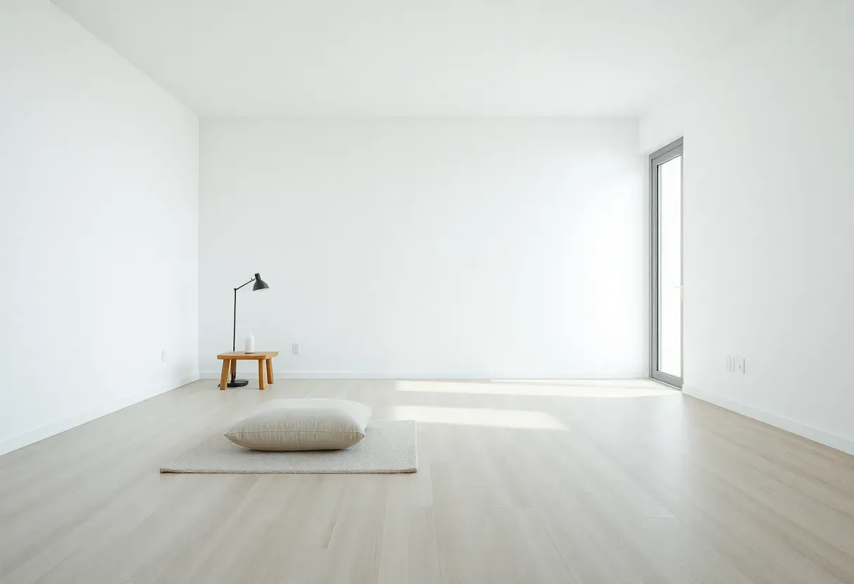 Serene extreme minimalist living space with only essential furniture—single chair, small table, empty walls, natural light