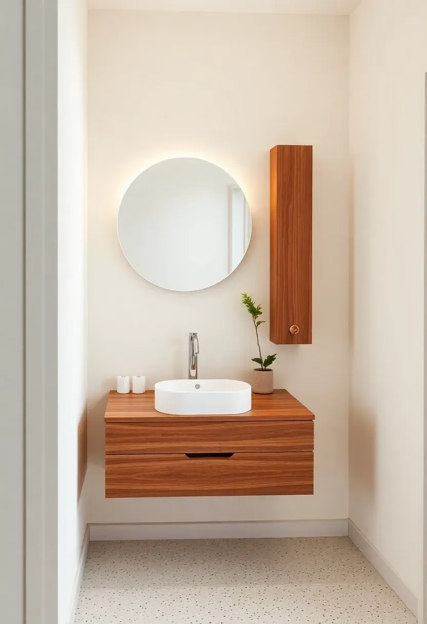 Floating wooden vanity with clean lines and hidden drawer storage in a modern white bathroom