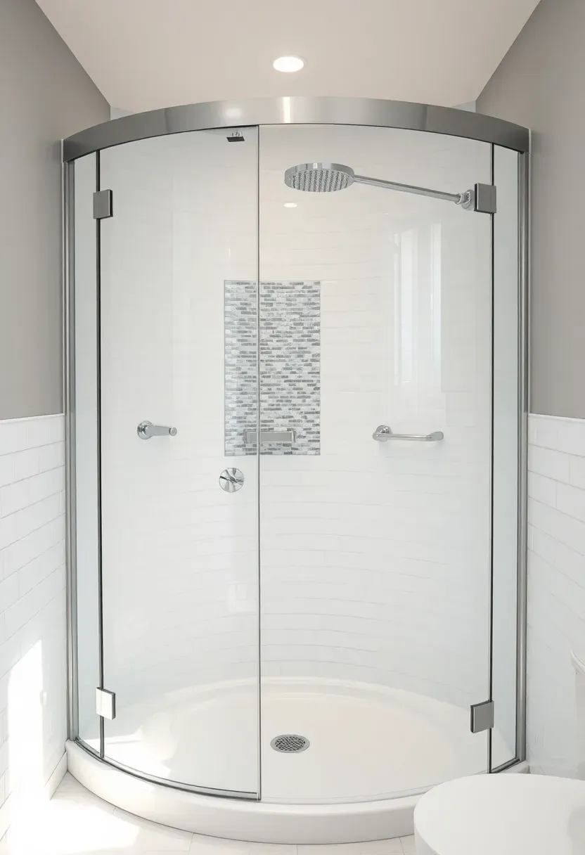 Curved glass shower enclosure with quadrant tray, mosaic tile feature wall, and chrome fixtures