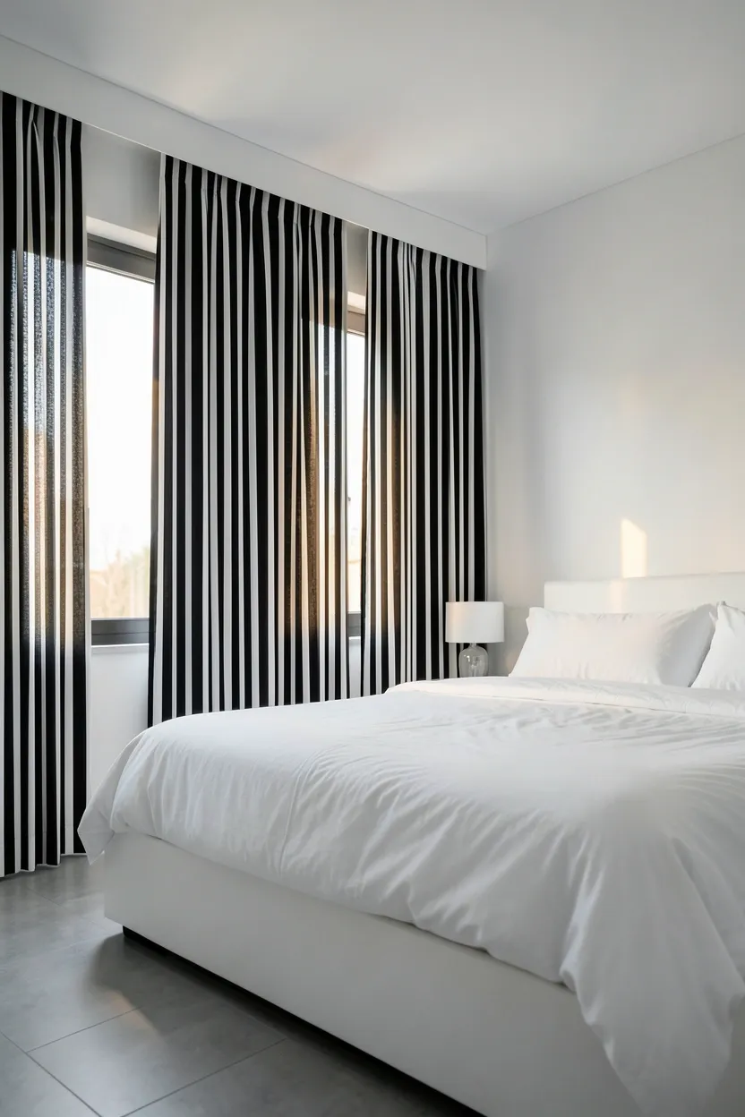 Floor-to-ceiling black and white striped curtains on a black rod framing a bedroom window with white walls