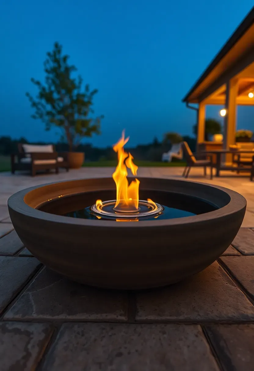 Round concrete fire and water bowl on a patio at dusk with flames dancing above the water surface, reflected in the dark water below