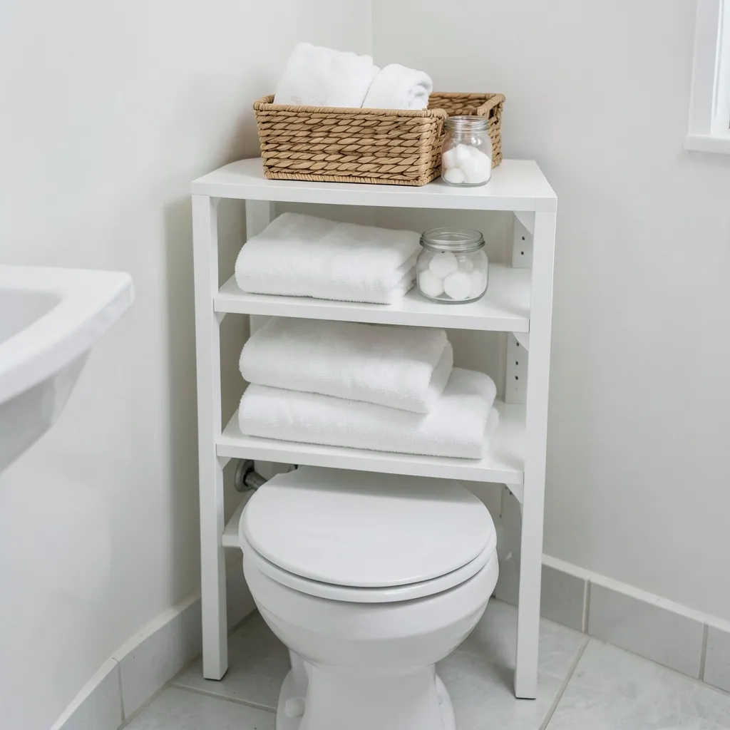 White over-the-toilet storage unit with three adjustable shelves above toilet
