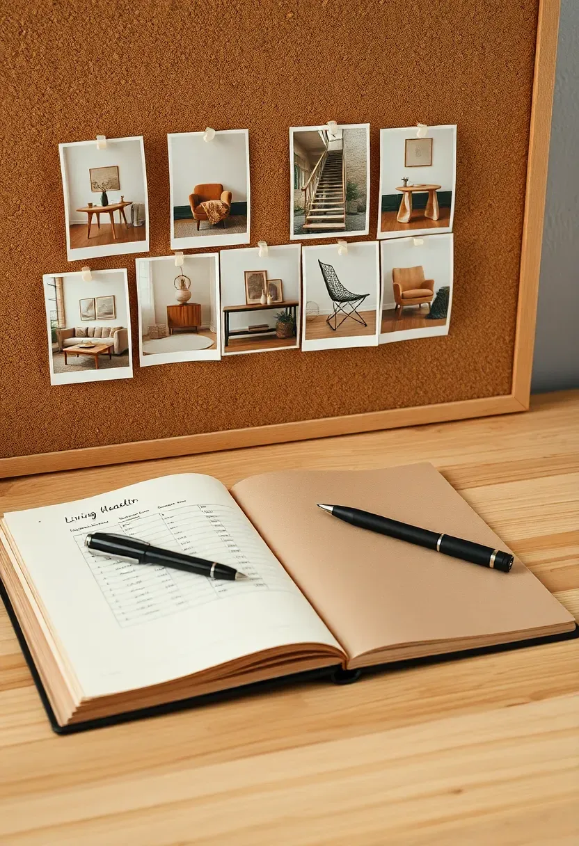 Mood board pinned with living room inspiration images showing a warm, earthy style alongside a handwritten budget breakdown on a notebook
