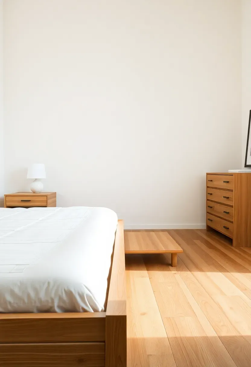 Hyper-realistic 3/4 view of a minimalist bedroom featuring monochromatic light oak wood palette. Materials: matching light oak bed frame, two matching oak nightstands, oak dresser on far wall, oak flooring with visible grain. White walls, white bedding. Soft warm diffused light from window highlighting wood grain consistency. Visible room context—uncluttered space with clear floor area, simple lamp on each nightstand. Calm cohesive mood with material unity. Shallow depth of field with sharp bed details foreground.</p>