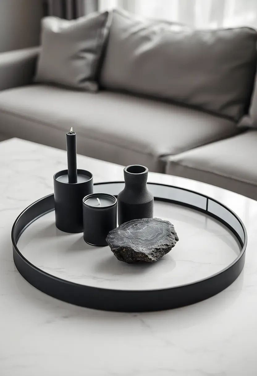 Dramatic black round tray with black candles matte vase and dark stone objects