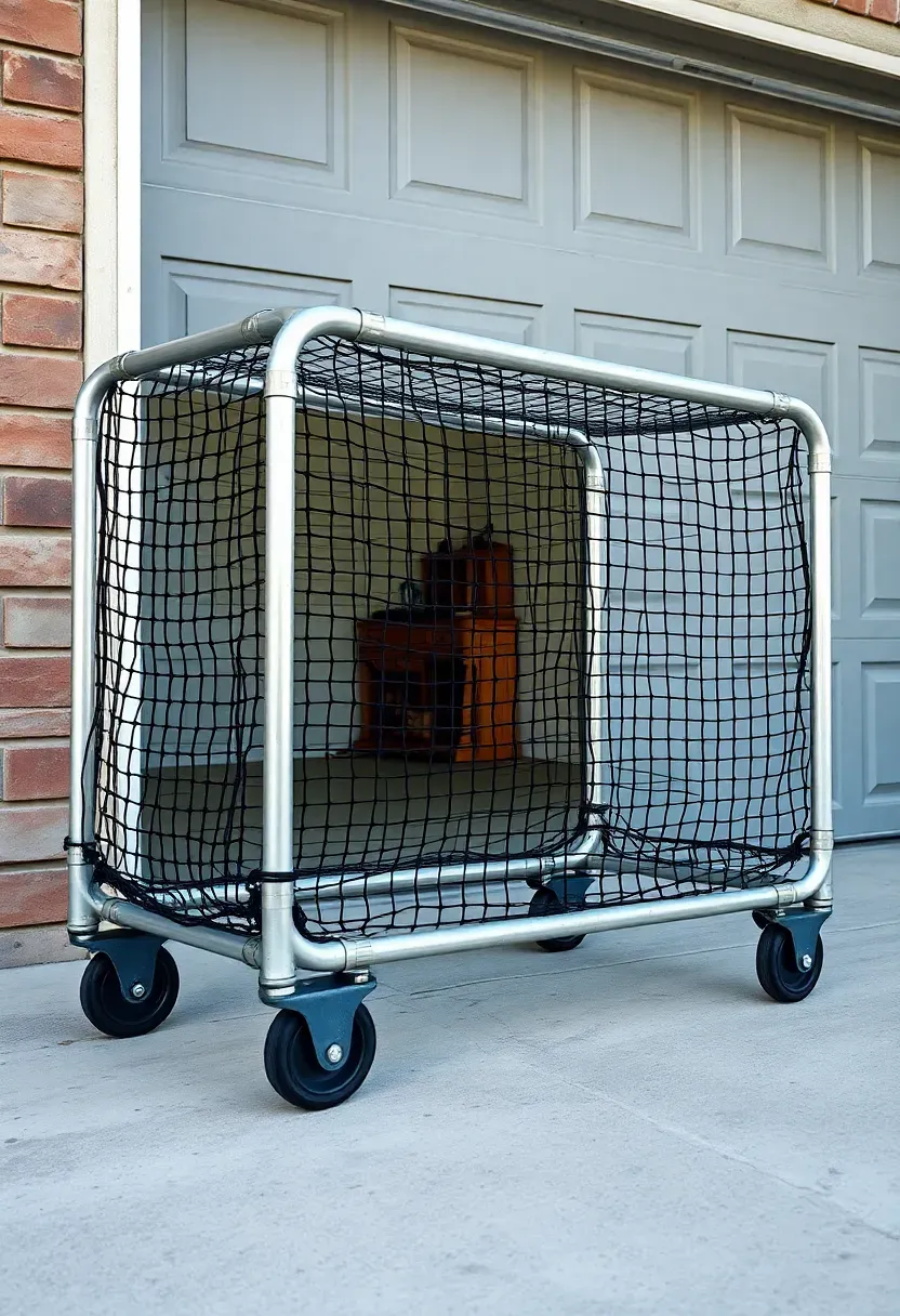 portable roll-away batting cage on wheels stored beside garage
