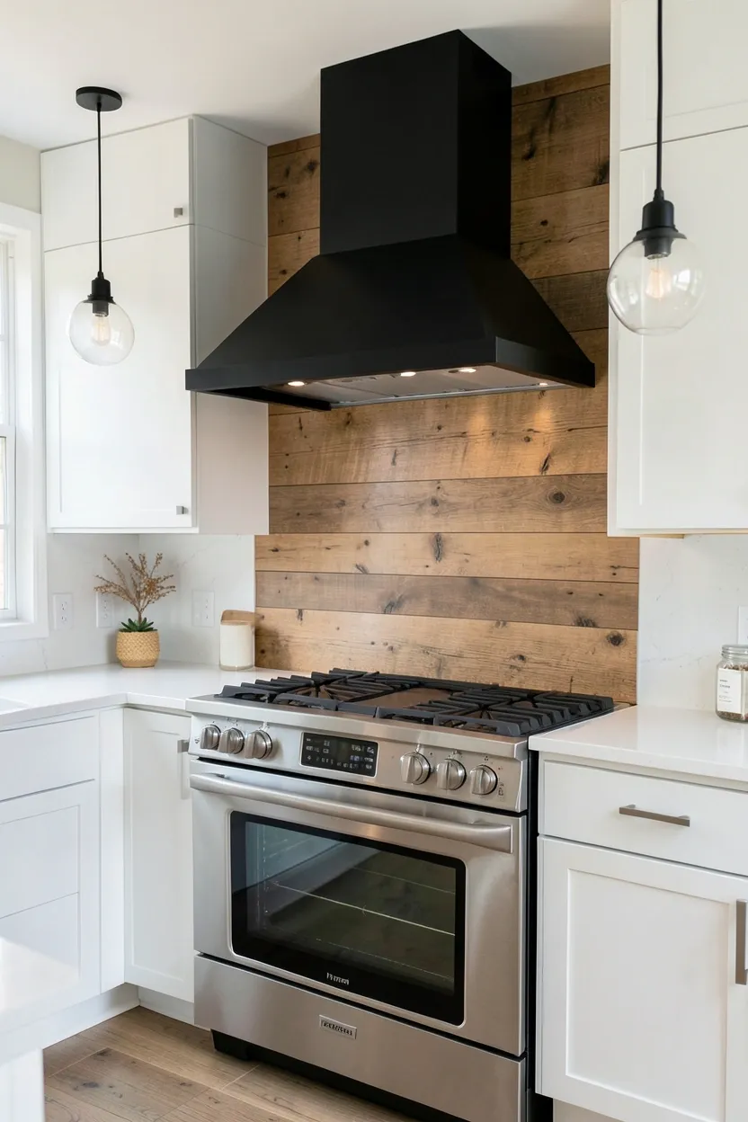 Sleek black range hood above an oak wood backsplash — warm natural wood and matte black cooking zone focal point
