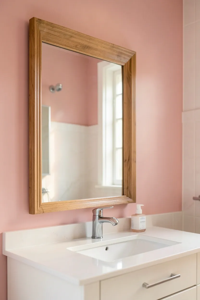 Blush pink framed bathroom mirror above a white vanity reflecting warm light, elegant pink bathroom decor accent piece