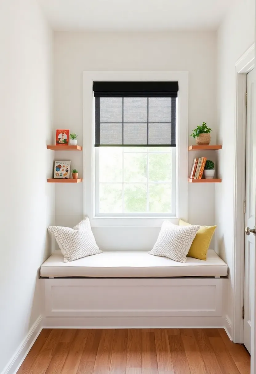 Under-window nursery nook in parent bedroom with cream cushioned storage bench, wicker baskets, and soft natural daylight