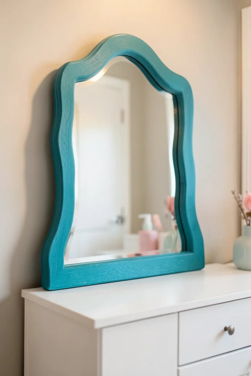 Oversized whimsical vanity mirror with colorful wavy frame in a playful Toca Boca mansion bathroom
