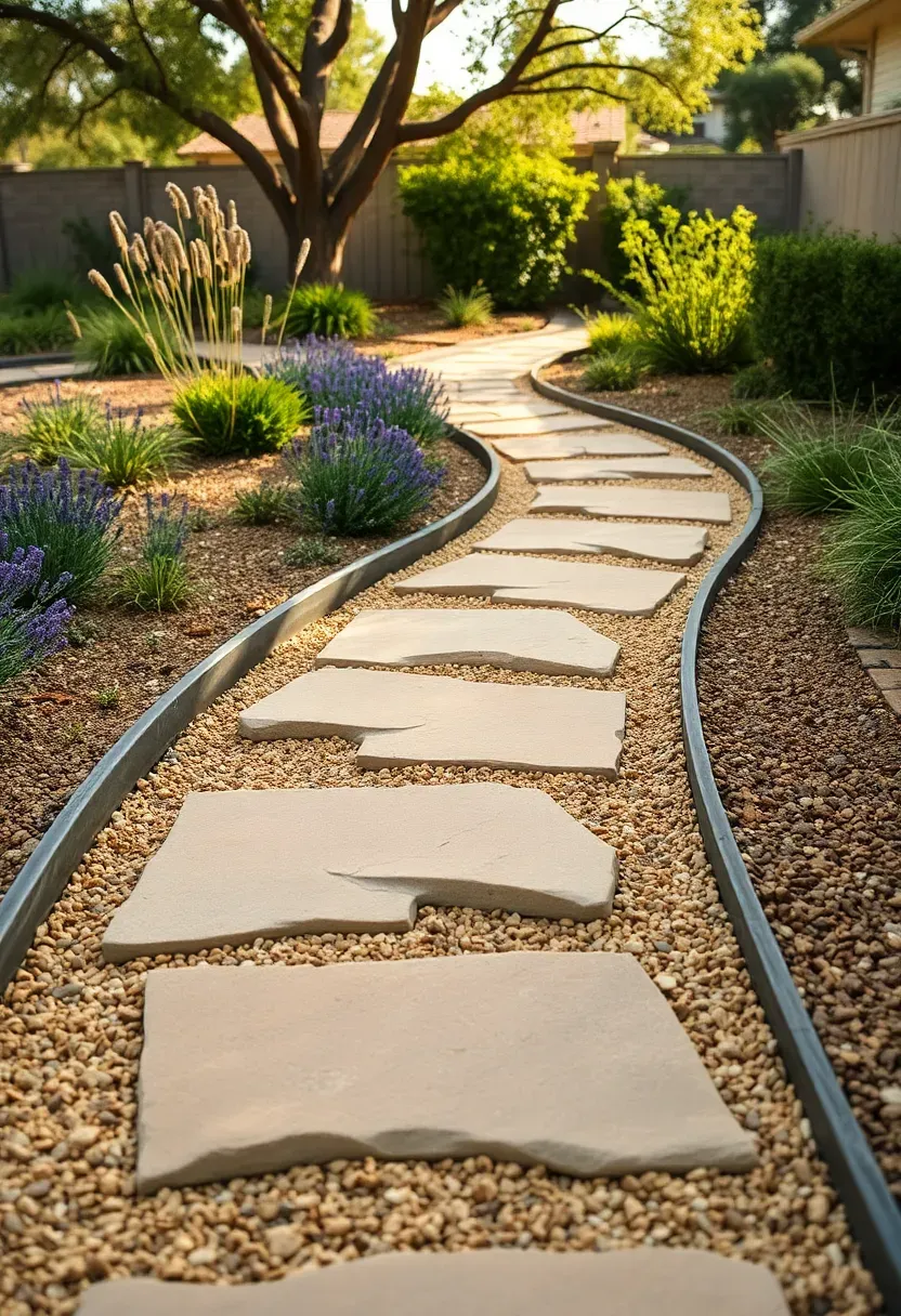 Curved garden pathway with irregular flagstone stepping stones set in decomposed granite winding through backyard plantings