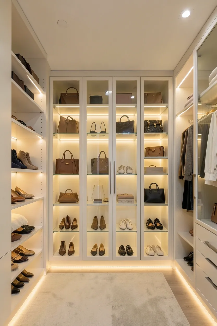 Boutique-style walk-in closet with glass-fronted display cabinets and LED lighting in a luxury bedroom suite