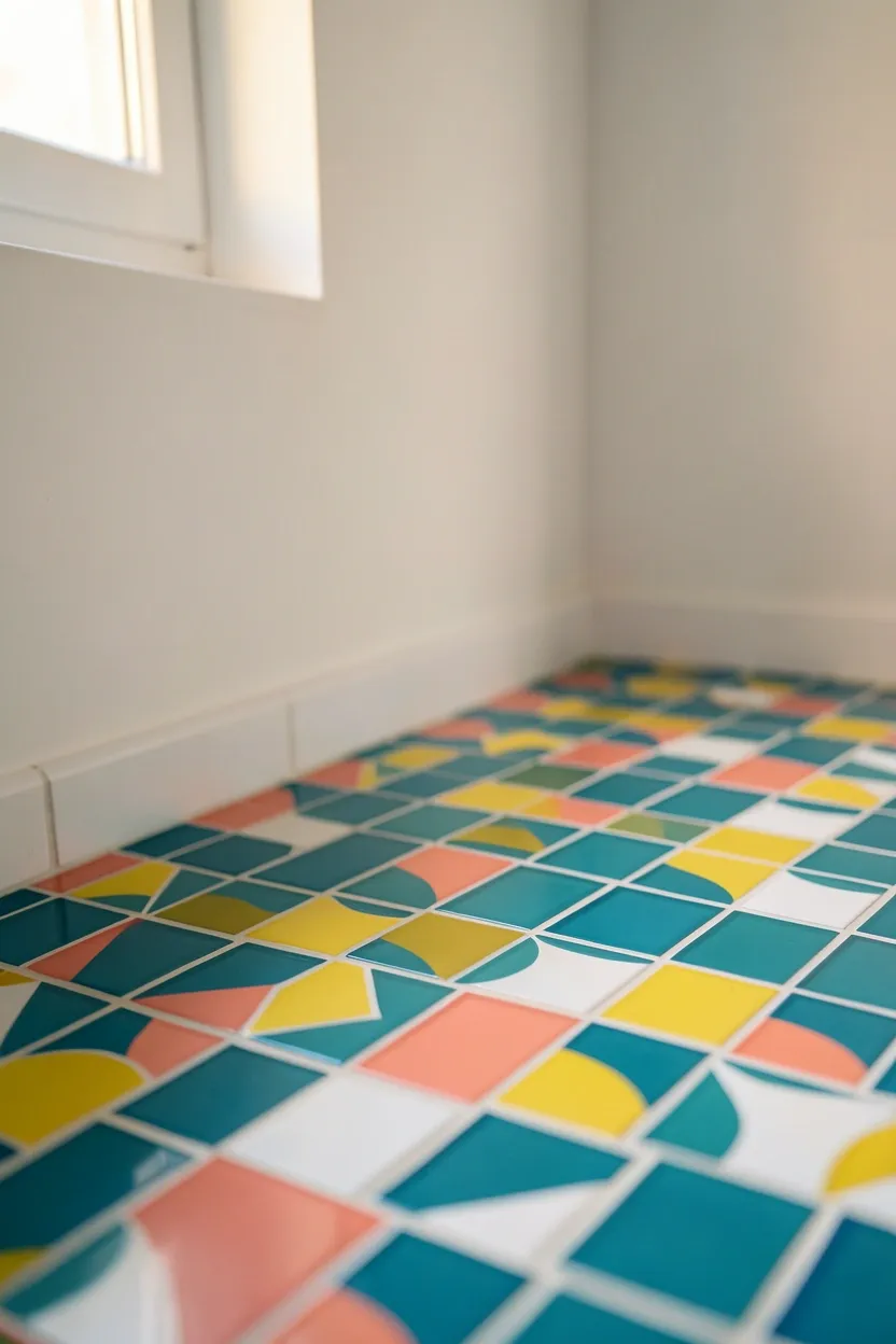 Colorful mosaic bathroom floor with teal coral yellow and white small tile pattern in a bright family bathroom