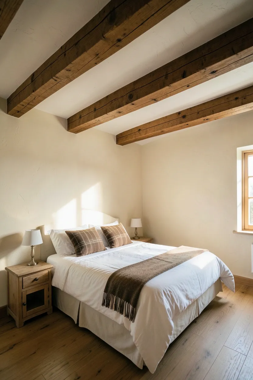 Hyper-realistic slightly elevated photograph of rustic bedroom with exposed natural wood ceiling beams spanning the ceiling. Warm brown timber beams with visible grain, cream plaster walls, white bed with brown plaid throw pillows, two rustic wooden nightstands, morning light streaming through window. Materials: solid oak ceiling beams, cream painted walls, white cotton bedding, pine nightstands. Natural light creating shadows on beams, warm cabin-like atmosphere. Shallow depth of field, sharp details on wood grain, balanced composition showing ceiling and room layout. No text, no logos, no watermarks.</p>
