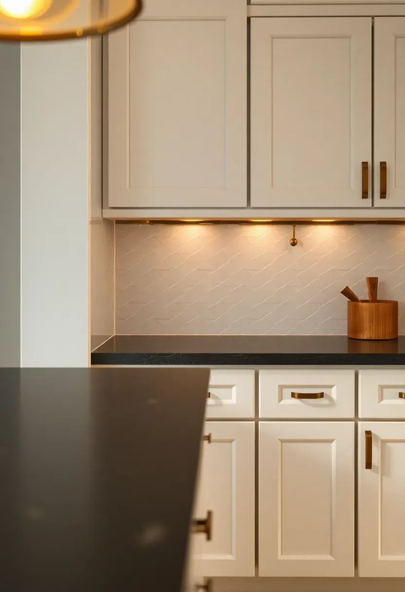 thin pencil liner trim tile in antique brass finish bordering white herringbone backsplash in transitional kitchen