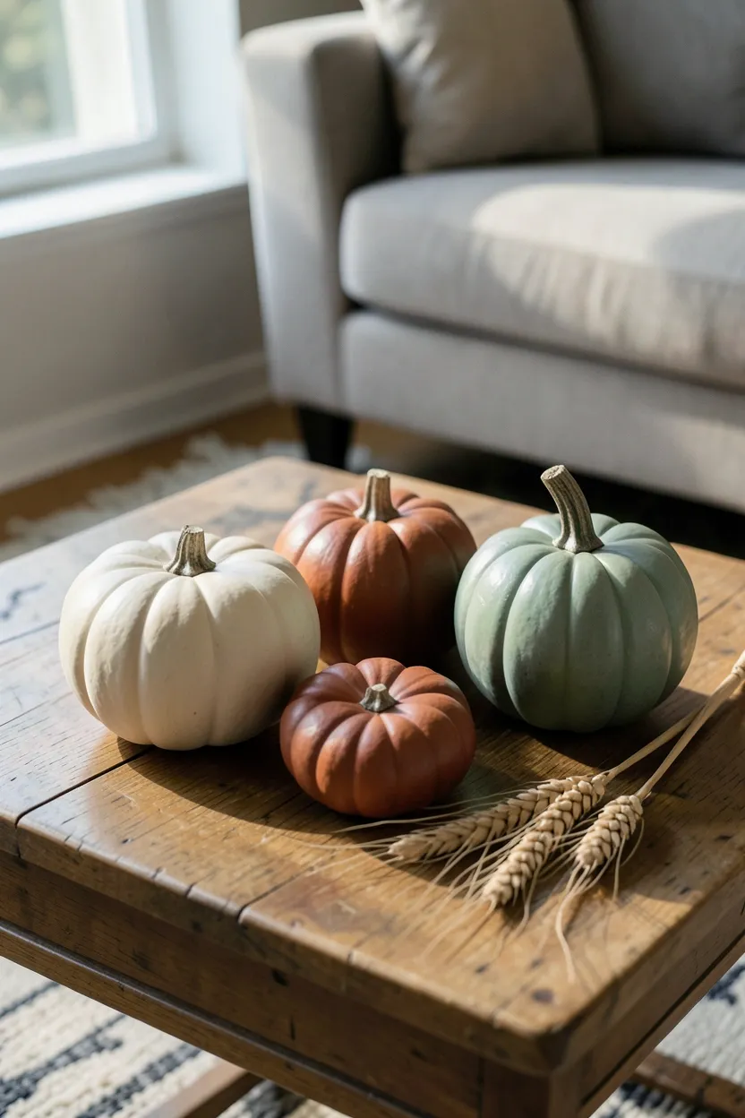 Hyper-realistic eye-level photograph of three ceramic pumpkins in varying sizes arranged on wooden coffee table. Pumpkins in matte cream, rust, and sage green colors with realistic ribbed texture and natural variations. One pumpkin has dried wheat stalk tucked beside it. Morning light filters through window, casting soft shadows highlighting ceramic texture. Part of sofa and rug visible in background. Materials: ceramic, dried botanicals, wood. Subtle seasonal mood. Sharp ceramic texture details, shallow depth of field, casual grouping. No text, no logos, no watermarks.