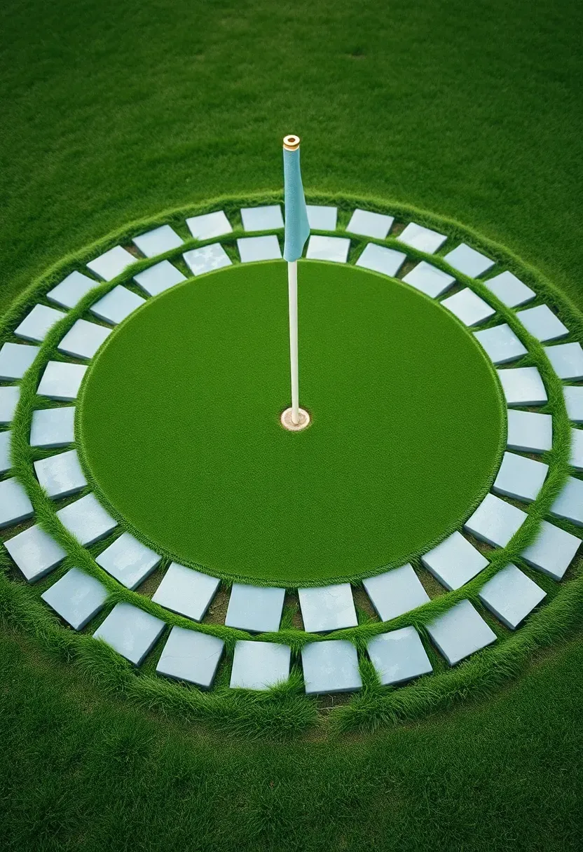 Round putting green with a single center flag pin surrounded by concentric rings of short fringe turf and decorative stone