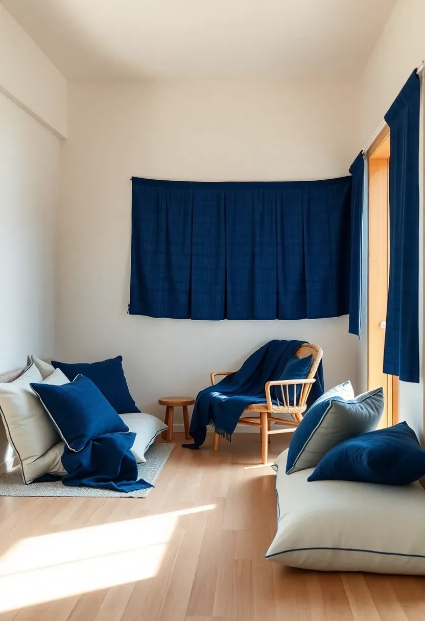 Hyper-realistic wide shot of Japanese tiny house living area with indigo accents. Neutral cream walls, light wood floors, low furniture with indigo cushion covers, indigo throw draped over chair, indigo noren in doorway. Pops of deep blue against neutral background create sophisticated contrast. Materials: cream fabrics, indigo-dyed textiles, light wood, white plaster. Bright natural light from window, highlighting indigo richness against neutral palette. Shallow depth of field showing fabric textures and indigo details. Refined Japanese minimalist mood with color accents.</p>