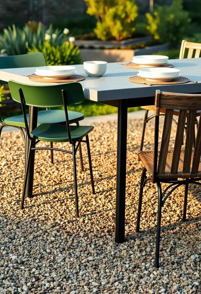 Outdoor dining table with a concrete top and black metal legs set with ceramic plates surrounded by mismatched wooden and metal chairs in a garden setting
