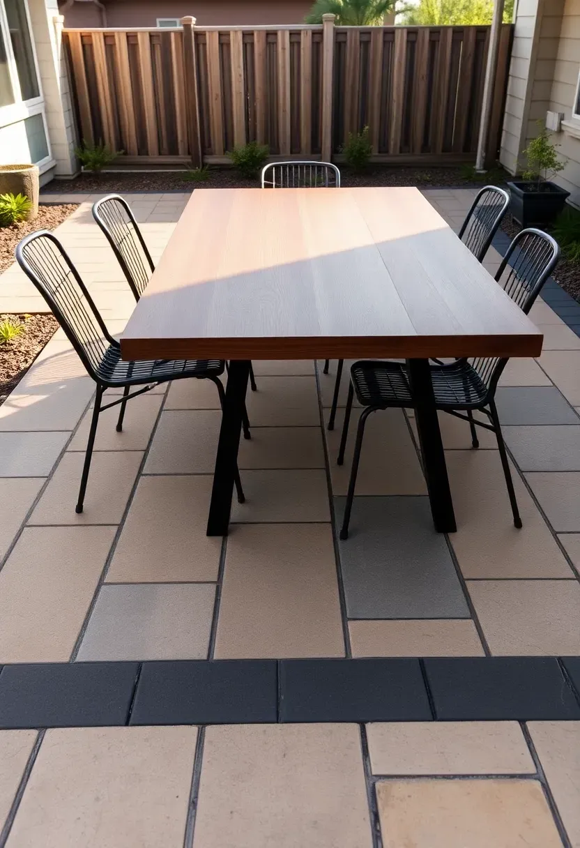 Two-tone paver patio with alternating bands of charcoal and tan rectangular pavers on a backyard with a wooden dining table