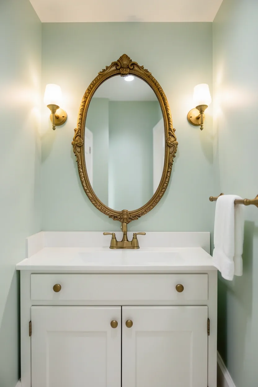 Light sage green bathroom walls with large ornate brass-framed mirror and white vanity — calm green bathroom idea for apartments
