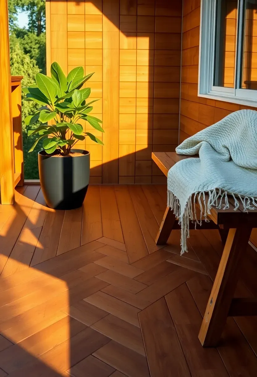Cedar deck with boards laid in a herringbone chevron pattern, warm honey tones, and a potted fiddle leaf fig in the corner