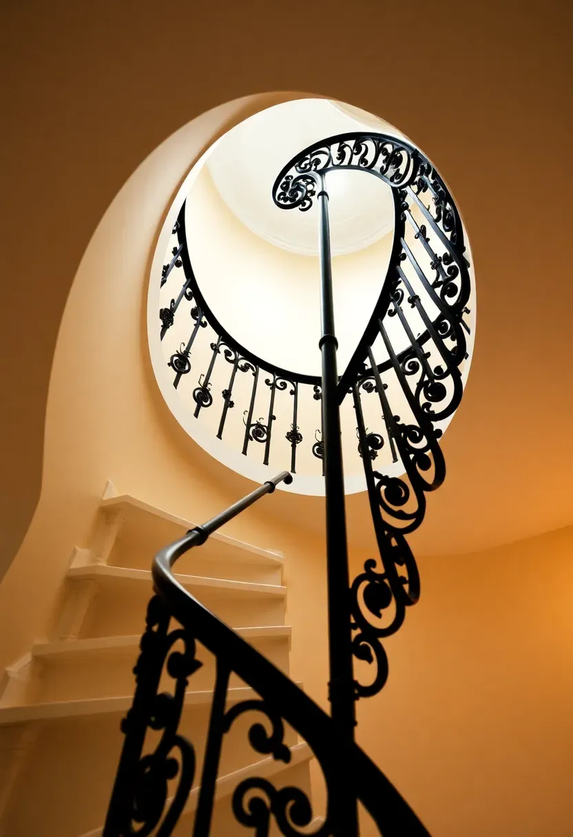 Elegant spiral staircase with wrought iron helical newel post, white-painted treads, and ornate black iron scroll balusters