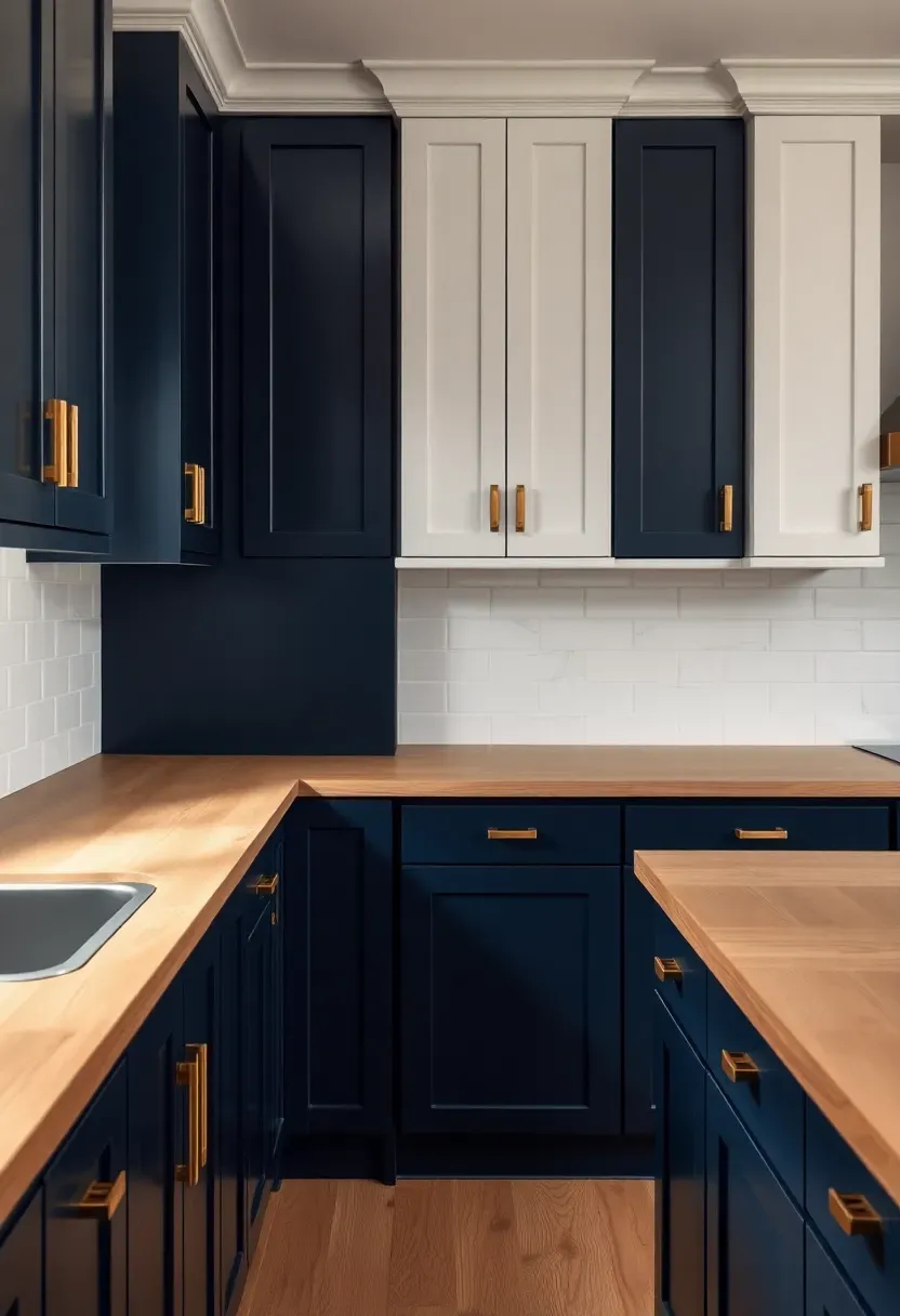 two-tone kitchen cabinets with navy lower cabinets and white upper cabinets