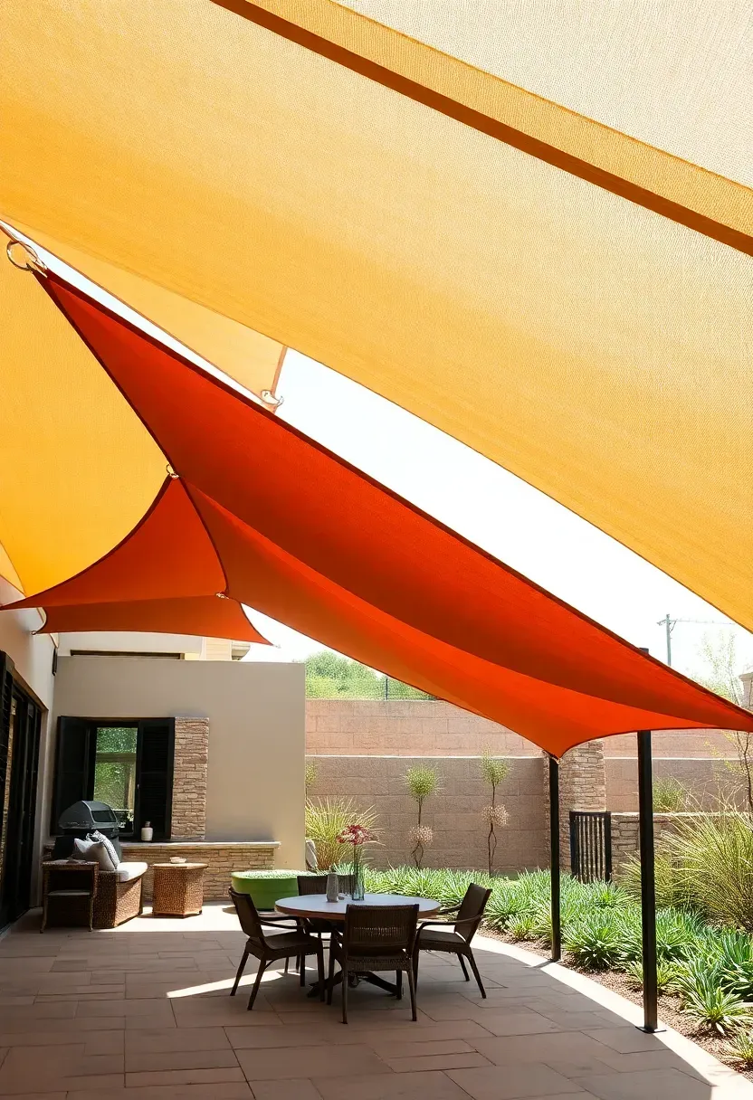 multiple overlapping triangular sail shades in earth tones over a patio