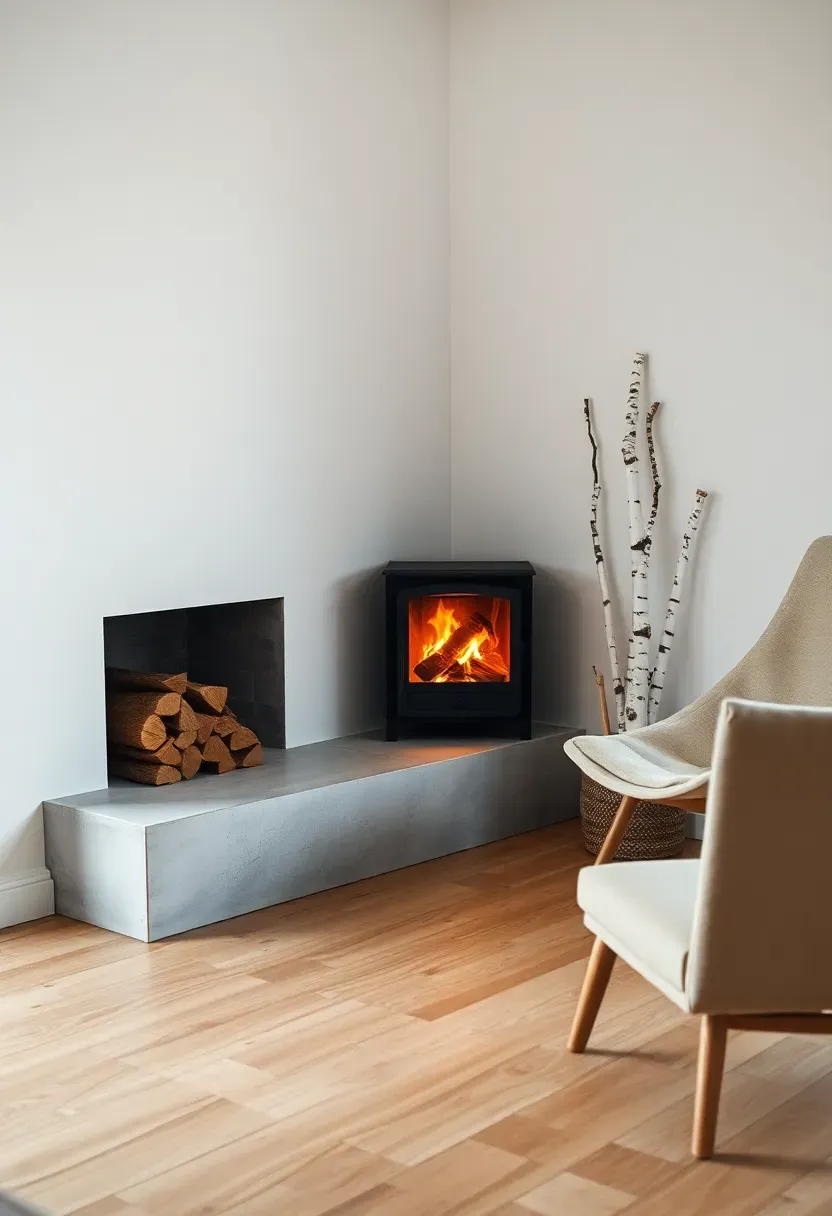 Hyper-realistic 3/4 view of a Nordic living room corner showing a minimalist fireplace with a simple concrete hearth and black firebox, positioned in the corner with a small wood stack nearby, and a comfortable armchair angled toward the fire. Light wood floor, white walls, soft lighting. Materials: smooth concrete hearth, matte black fireplace insert, light oak flooring, birch logs, linen armchair. Warm fire glow creating cozy ambiance, soft shadows on walls. Efficient corner placement emphasizing space optimization. Shallow depth of field showing fireplace and chair foreground with room context beyond. No text, no logos, no watermarks.</p>