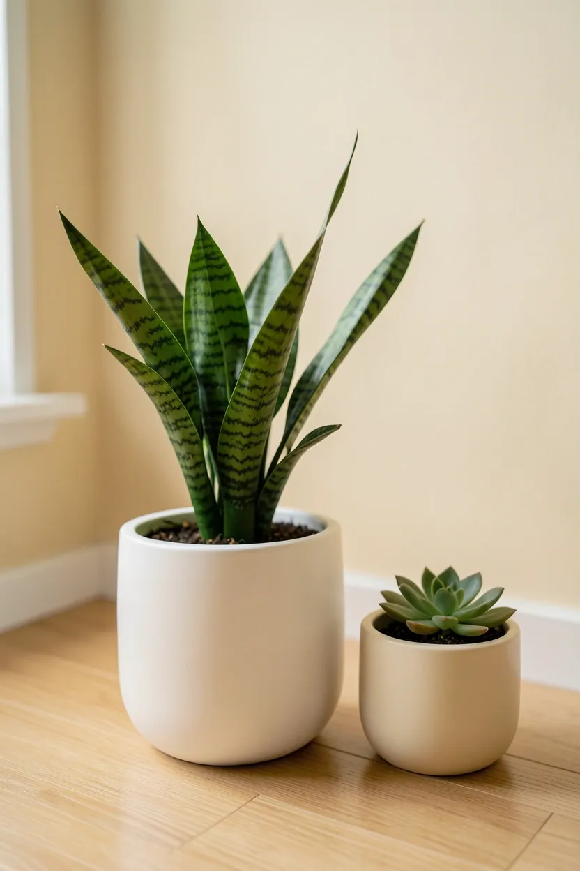 Snake plant and ZZ plant in white ceramic planters grouped on a windowsill in a minimalist japandi bedroom