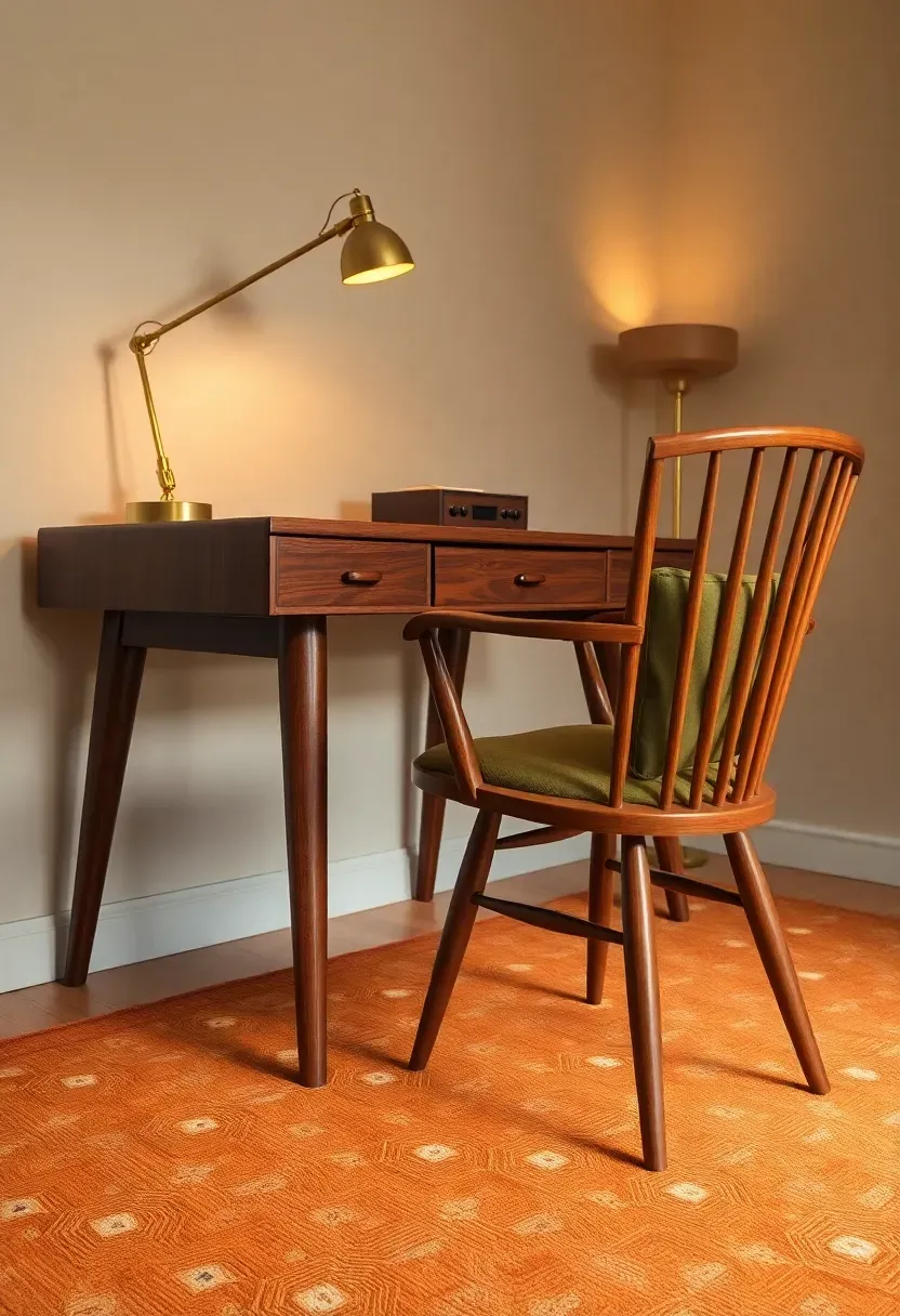 Mid-century modern basement office with teak desk, spindle-back chair, brass desk lamp, and a warm geometric rug