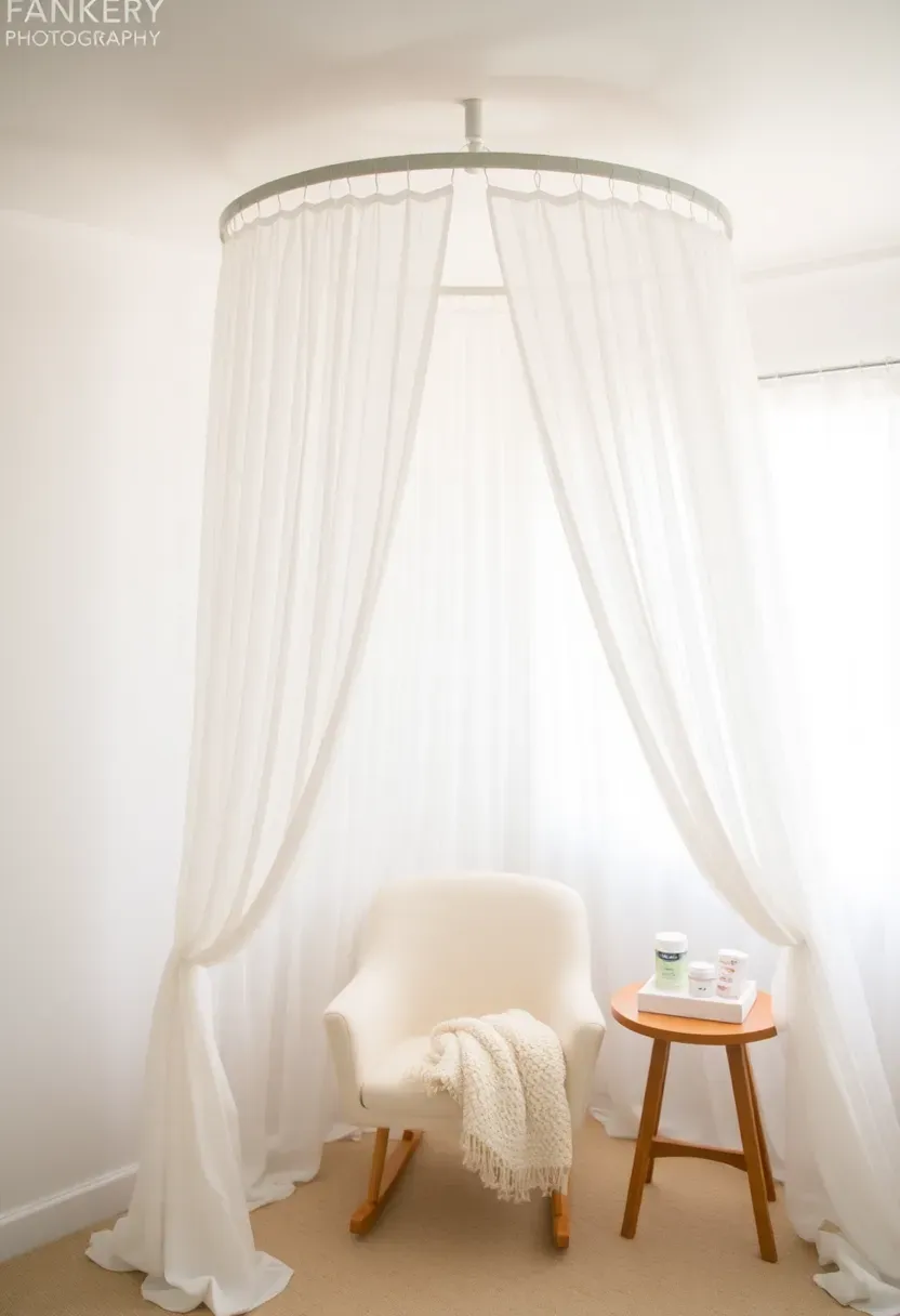 Cozy canopy nursery corner in parent bedroom with sheer white linen drapes, nursing chair, and fairy lights defining baby zone