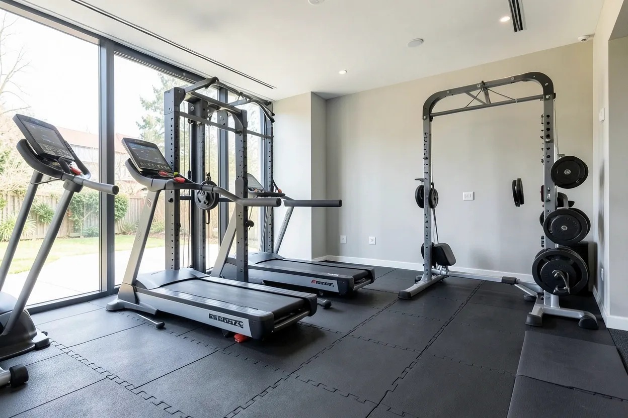 Collage of home gym flooring ideas including rubber tiles, vinyl planks, and turf zones in a bright apartment workout space